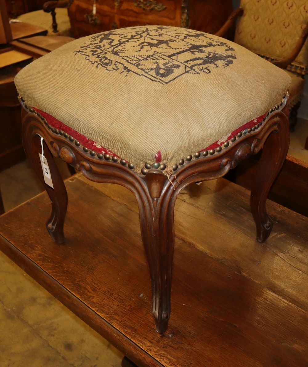 A pair of 19th century Louis XV style tapestry topped stools, W.48cm, D.48cm, H.46cm